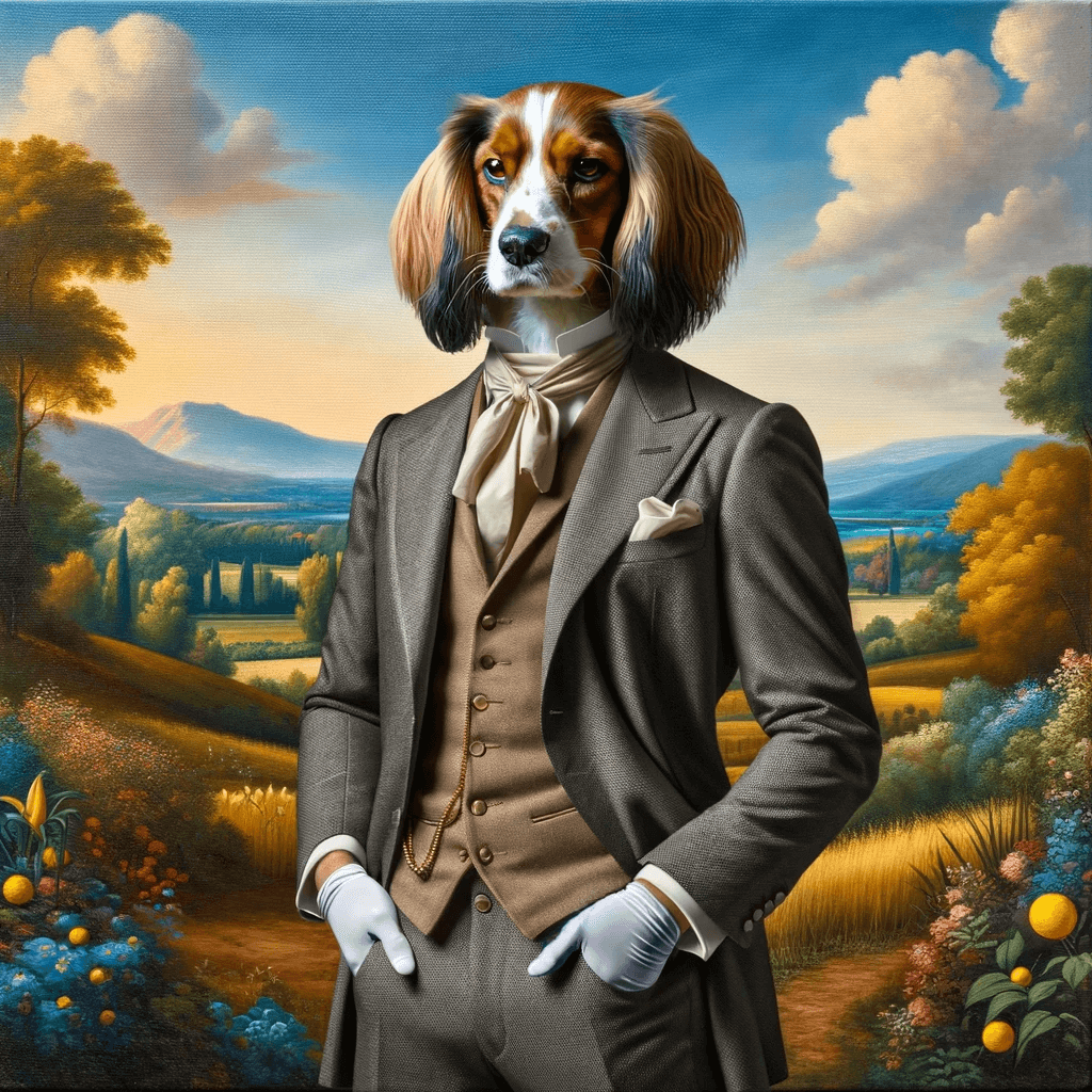Custom pet portrait featuring a dog in a stylish suit and cravat against a classical landscape painting, perfect for adding a touch of aristocratic flair to any pet lover's collection.