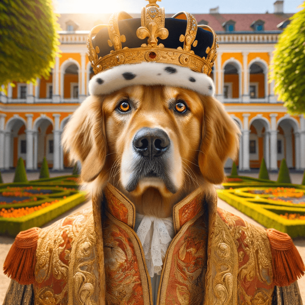Golden retriever in royal attire as a king, part of the Paw Majesty Collection, set against an opulent palace backdrop, ideal for pet-themed royal decor.